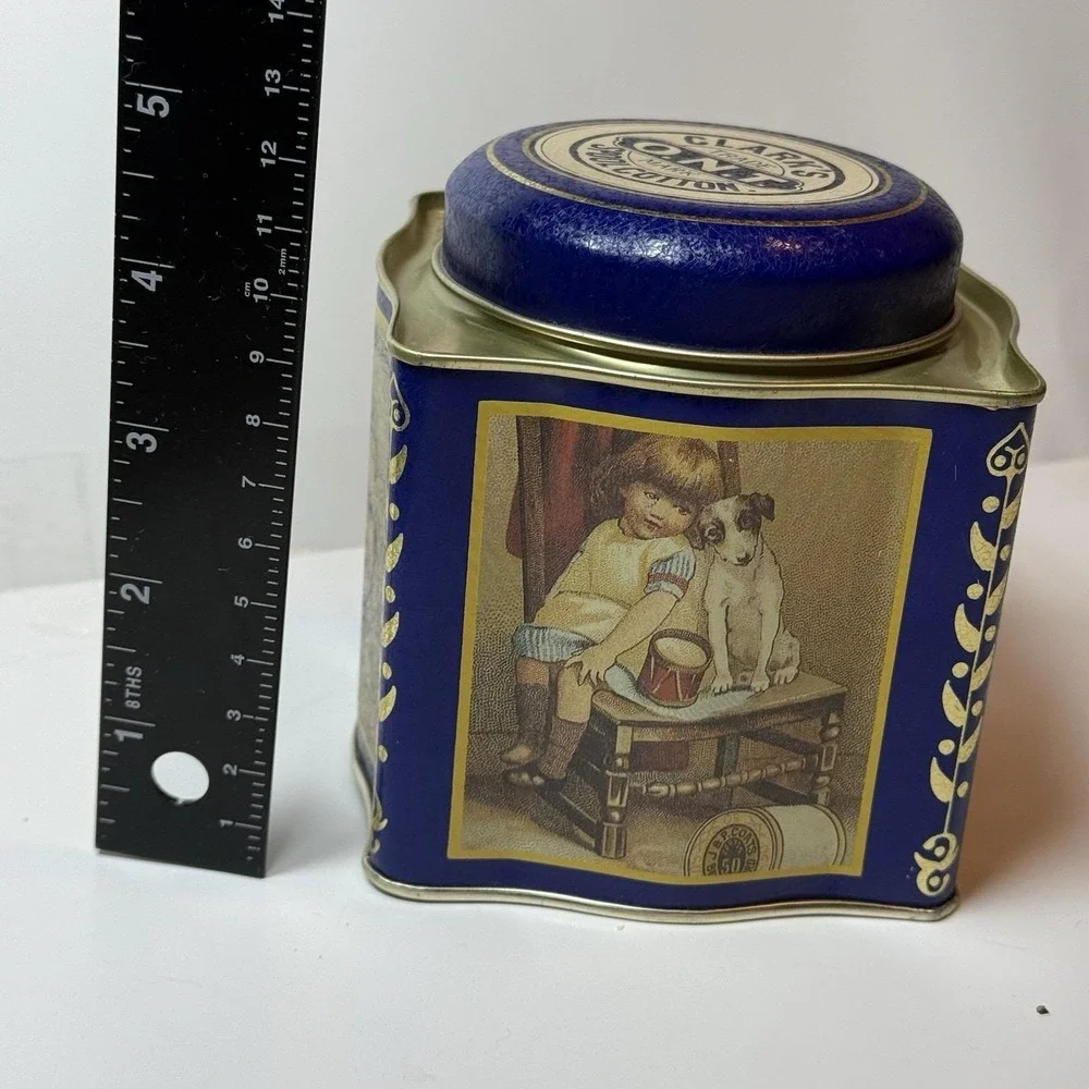 Vintage Clark's O.N.T. Spool Cotton Tin Blue Gold Advertising Sewing Can‎